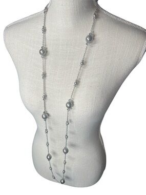 Elegant Long Silver Bead Necklace - Women Jewelry